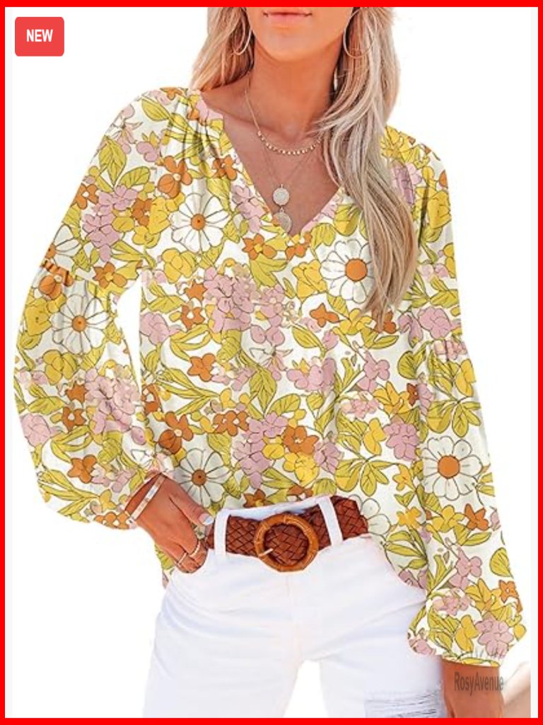 Boho Floral Print V Neck Long Sleeve Blouse Tunic Top